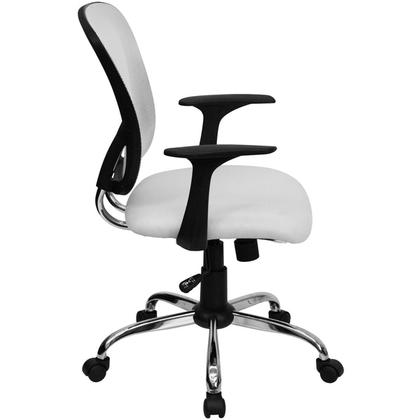 White |#| Mid-Back White Mesh Swivel Task Office Chair with Chrome Base and Arms