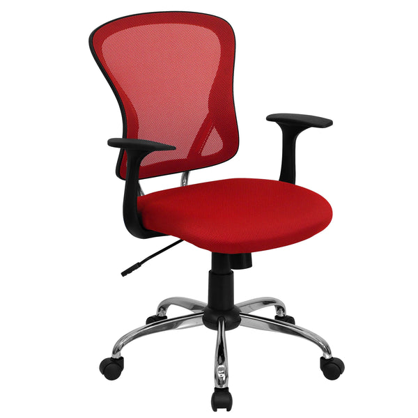 Red |#| Mid-Back Red Mesh Swivel Task Office Chair with Chrome Base and Arms