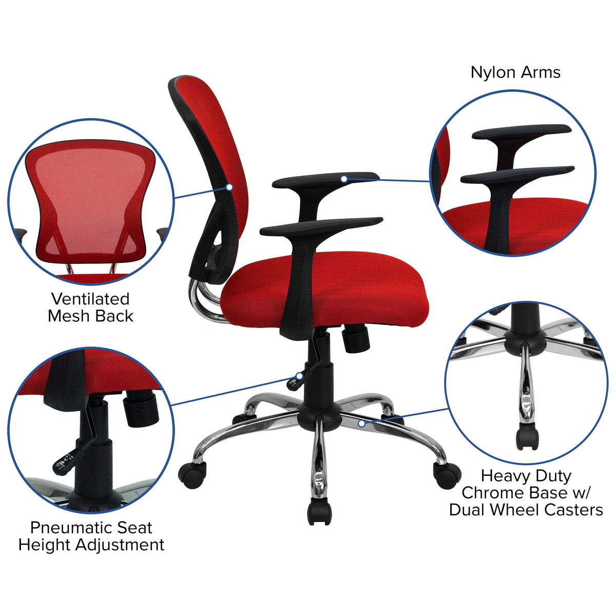 Red |#| Mid-Back Red Mesh Swivel Task Office Chair with Chrome Base and Arms