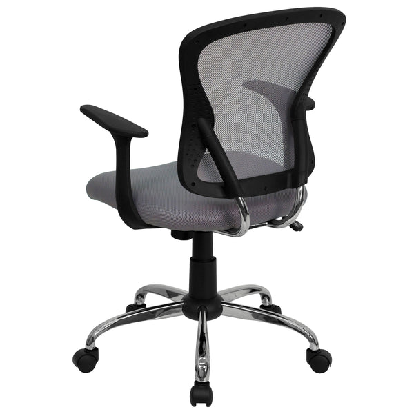 Gray |#| Mid-Back Gray Mesh Swivel Task Office Chair with Chrome Base and Arms