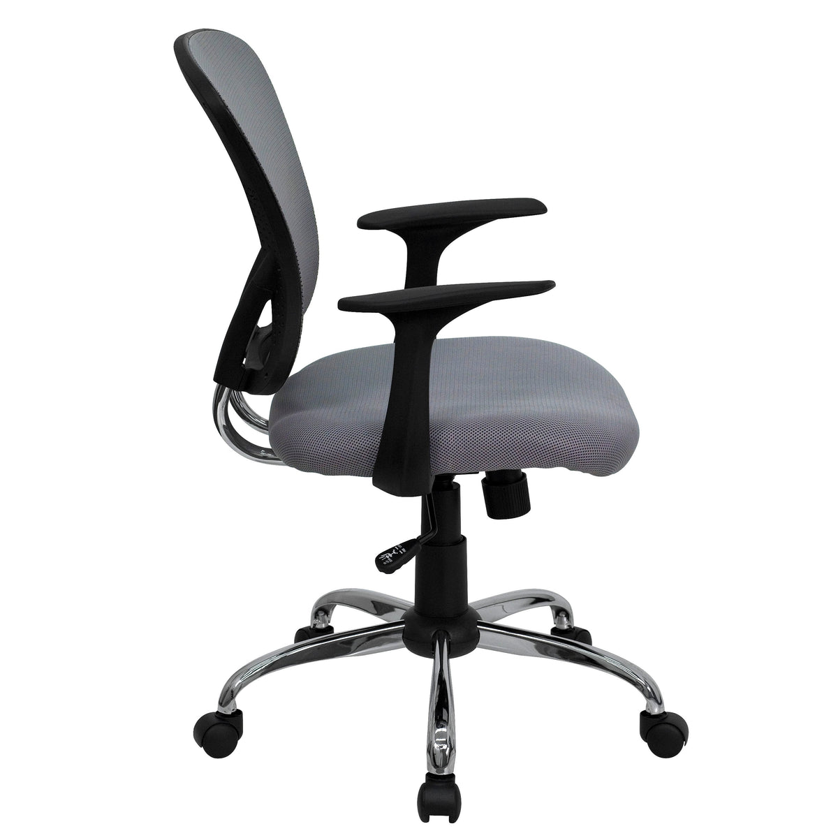 Gray |#| Mid-Back Gray Mesh Swivel Task Office Chair with Chrome Base and Arms