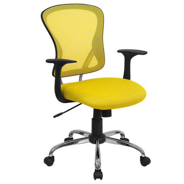 Yellow |#| Mid-Back Yellow Mesh Swivel Task Office Chair with Chrome Base and Arms