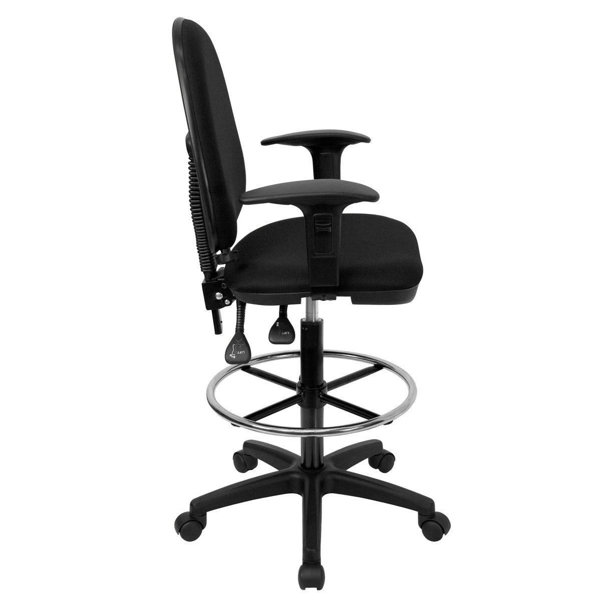 Black |#| Mid-Back Black Fabric Multifunction Drafting Chair w/ Adjustable Lumbar & Arms