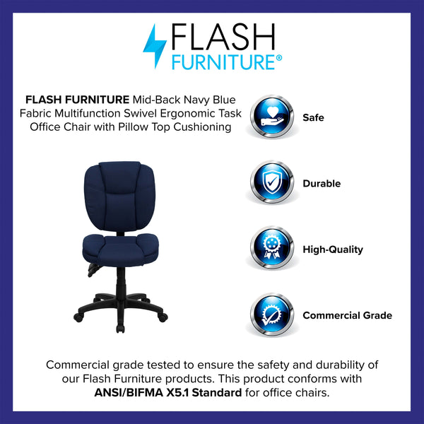 Navy Blue Fabric |#| Mid-Back Navy Blue Fabric Multifunction Office Chair with Pillow Top Cushioning