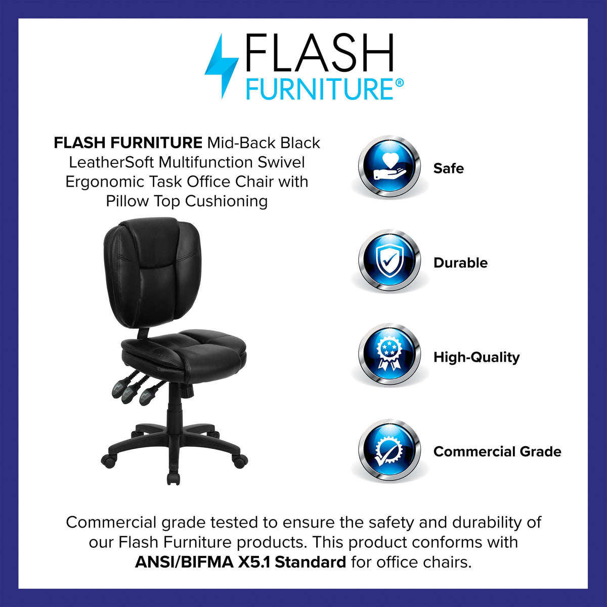 Black LeatherSoft |#| Mid-Back Black LeatherSoft Multifunction Office Chair with Pillow Top Cushioning