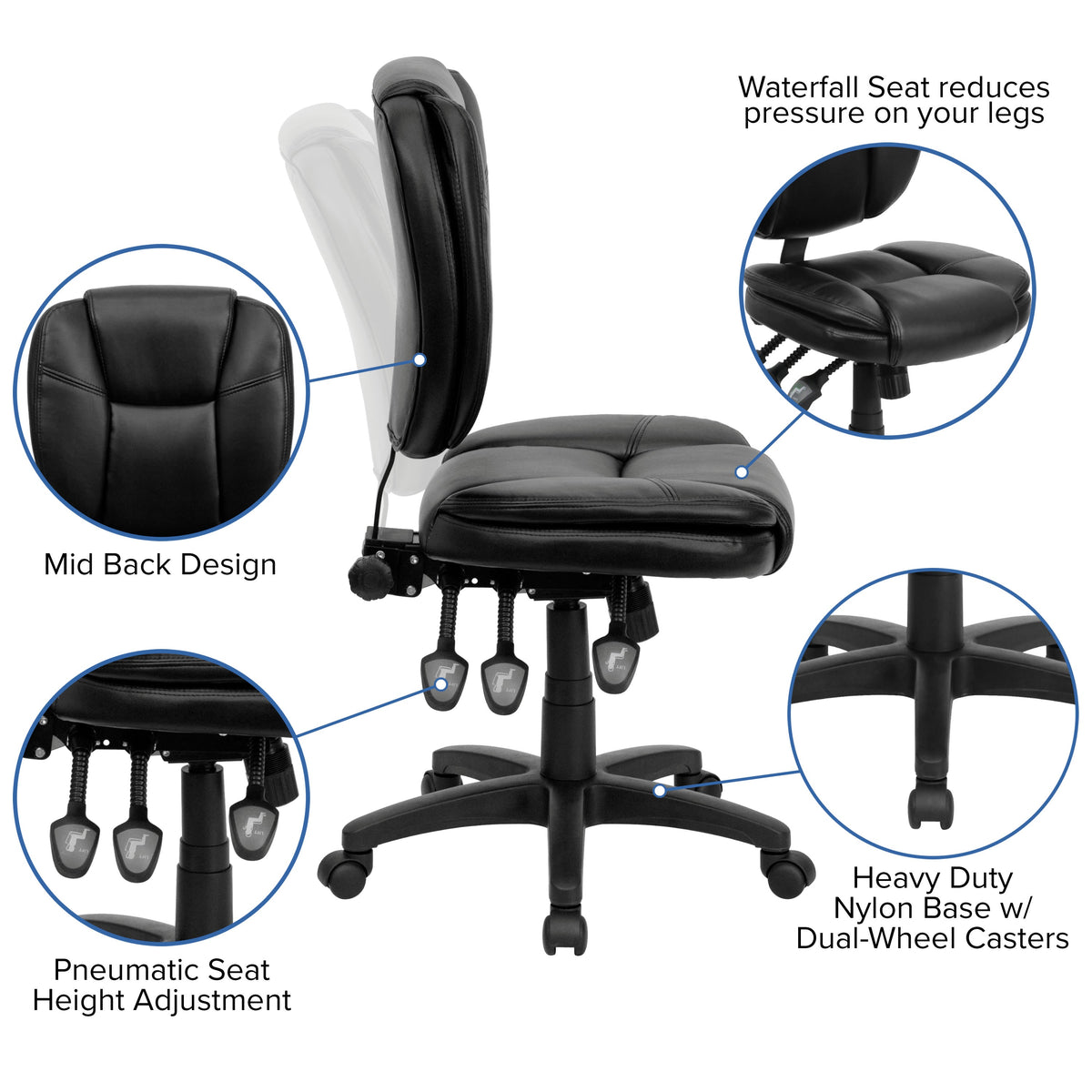 Black LeatherSoft |#| Mid-Back Black LeatherSoft Multifunction Office Chair with Pillow Top Cushioning