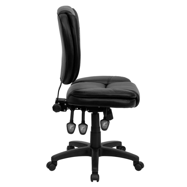 Black LeatherSoft |#| Mid-Back Black LeatherSoft Multifunction Office Chair with Pillow Top Cushioning