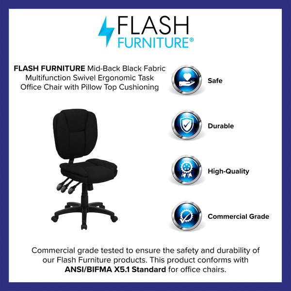 Black Fabric |#| Mid-Back Black Fabric Multifunction Swivel Office Chair w/ Pillow Top Cushioning