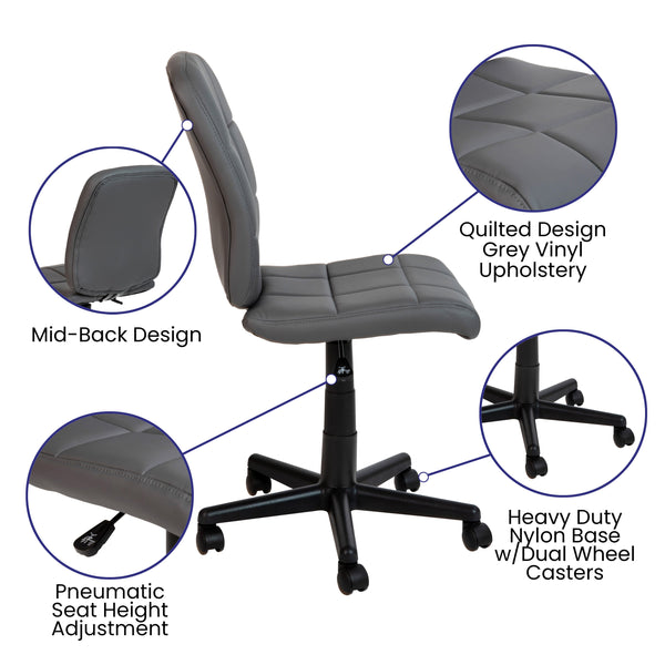 Gray |#| Mid-Back Gray Quilted Vinyl Swivel Task Office Chair - Home Office Chair