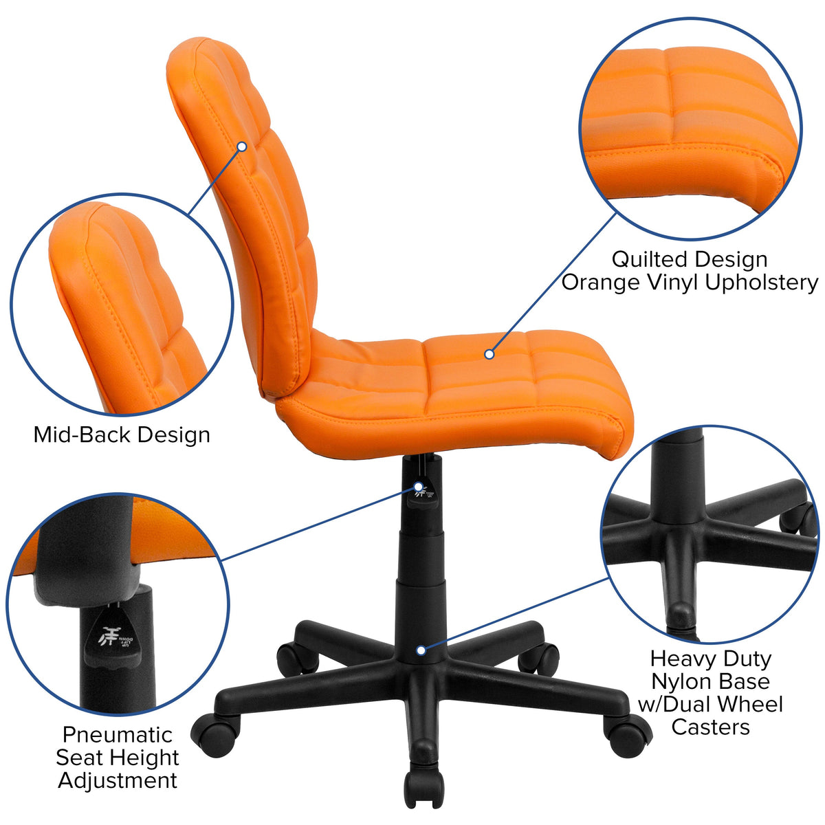 Orange |#| Mid-Back Orange Quilted Vinyl Swivel Task Office Chair - Home Office Chair