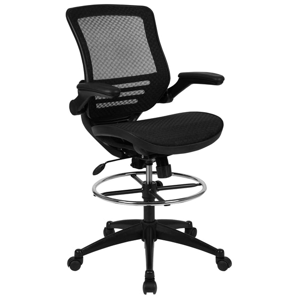 Black Mesh/Black Frame |#| Black Mid-Back Transparent Mesh Drafting Chair with Black Frame and Flip-Up Arms