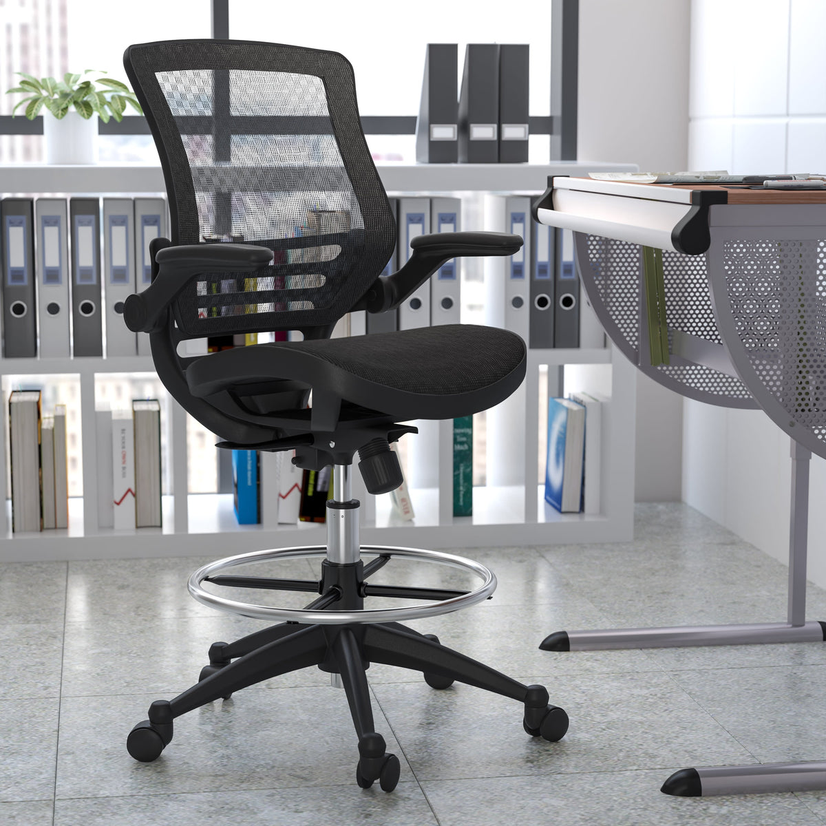 Black Mesh/Black Frame |#| Black Mid-Back Transparent Mesh Drafting Chair with Black Frame and Flip-Up Arms