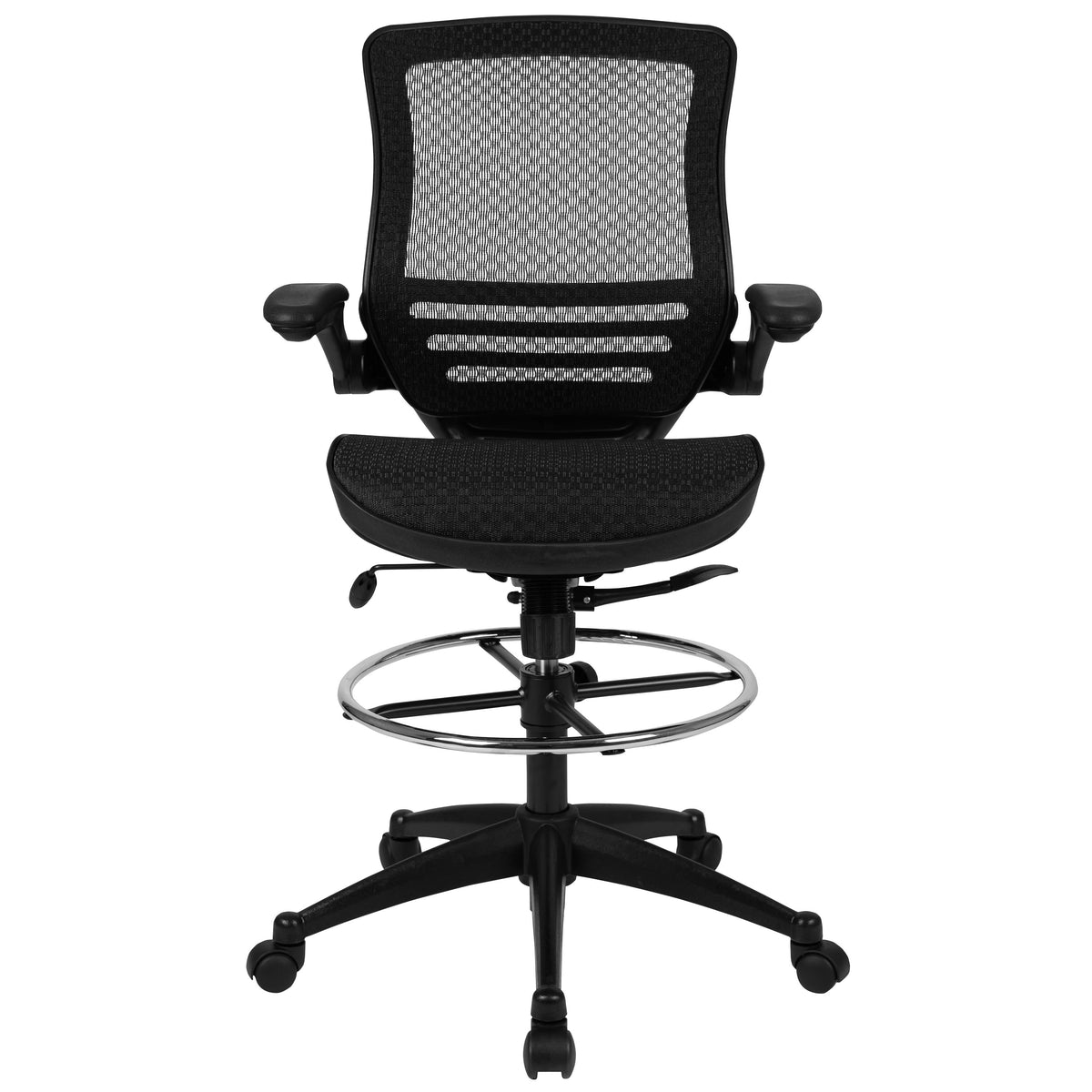 Black Mesh/Black Frame |#| Black Mid-Back Transparent Mesh Drafting Chair with Black Frame and Flip-Up Arms