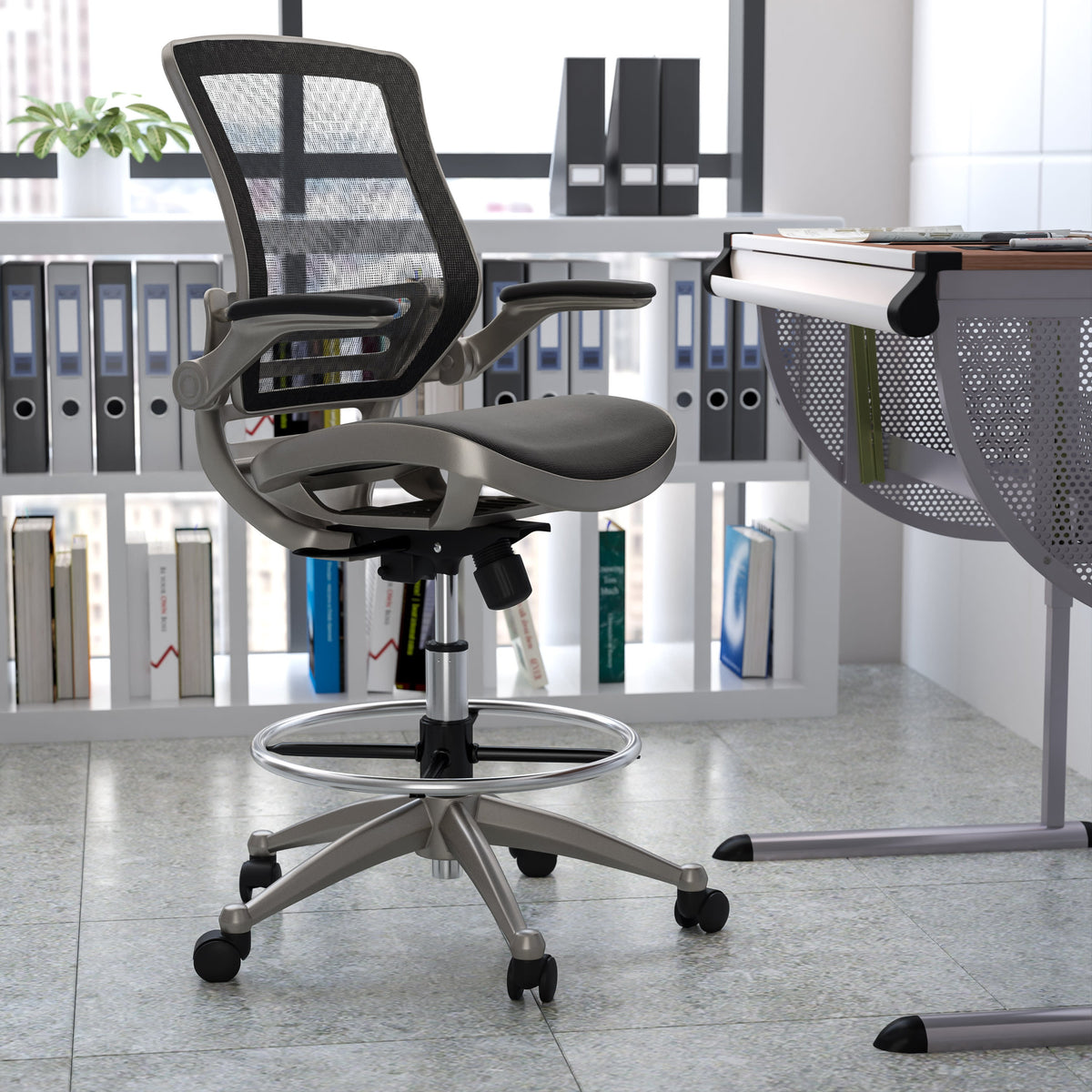 Black Mesh/Graphite Silver Frame |#| Black Mid-Back Mesh Drafting Chair with Graphite Frame and Flip-Up Arms