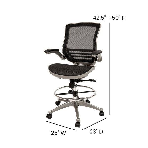 Black Mesh/Graphite Silver Frame |#| Black Mid-Back Mesh Drafting Chair with Graphite Frame and Flip-Up Arms