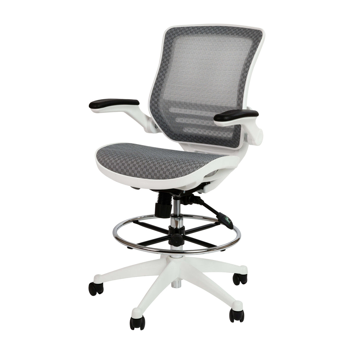 Gray Mesh/White Frame |#| Gray Mid-Back Mesh Drafting Chair with White Frame and Flip-Up Arms