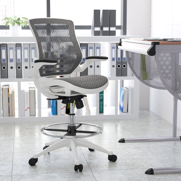 Gray Mesh/White Frame |#| Gray Mid-Back Mesh Drafting Chair with White Frame and Flip-Up Arms