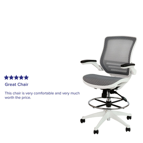 Gray Mesh/White Frame |#| Gray Mid-Back Mesh Drafting Chair with White Frame and Flip-Up Arms