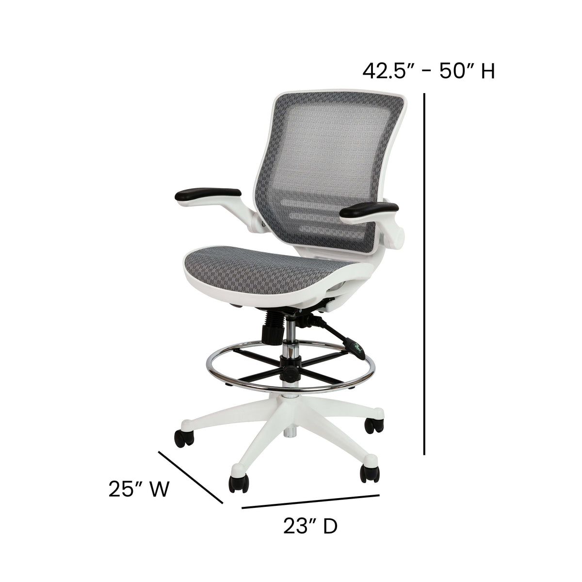 Gray Mesh/White Frame |#| Gray Mid-Back Mesh Drafting Chair with White Frame and Flip-Up Arms