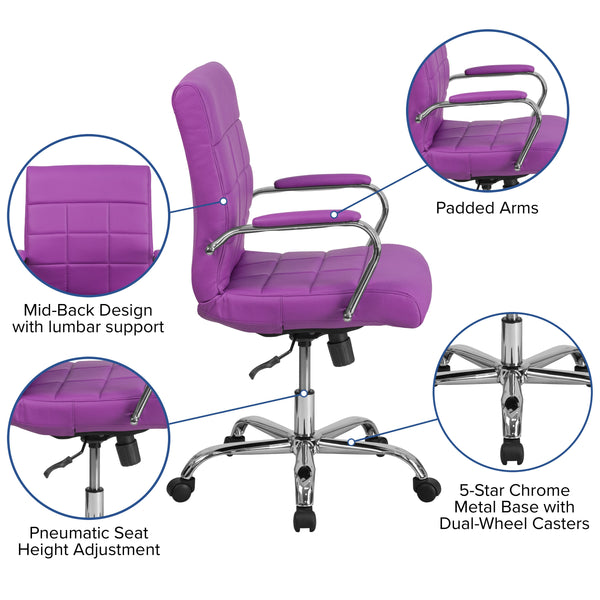 Purple |#| Mid-Back Purple Vinyl Executive Swivel Office Chair with Chrome Base and Arms