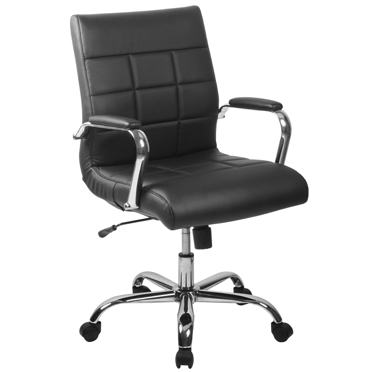 Black |#| Mid-Back Black Vinyl Executive Swivel Office Chair with Chrome Base and Arms