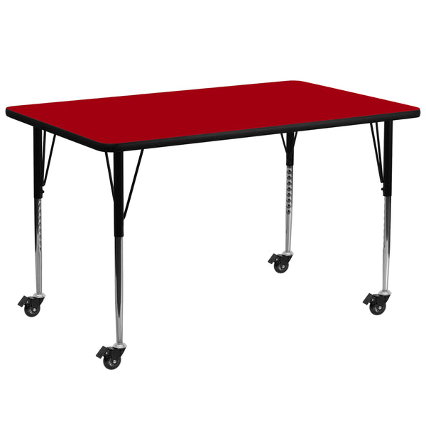 Red |#| Mobile 30inchW x 72inchL Rectangular Red Thermal Laminate Adjustable Activity Table