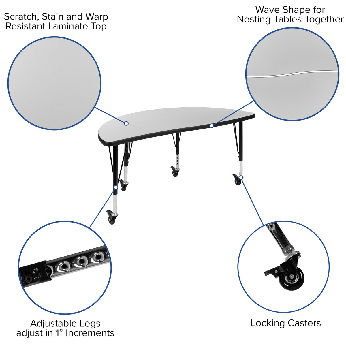 Grey |#| Mobile 47.5inch Half Circle Wave Collaborative Grey Kids Adjustable Activity Table