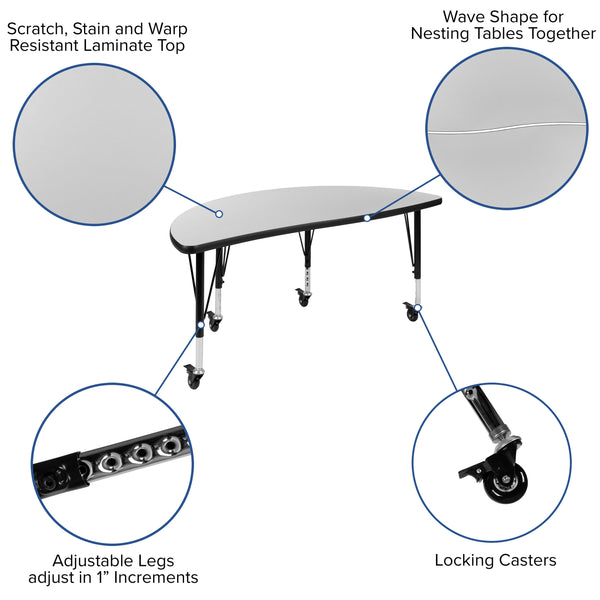 Grey |#| Mobile 47.5inch Half Circle Wave Collaborative Grey Kids Adjustable Activity Table