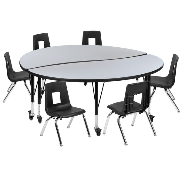 Grey |#| Mobile 60inch Circle Wave Activity Table Set-14inch Student Stack Chairs, Grey/Black
