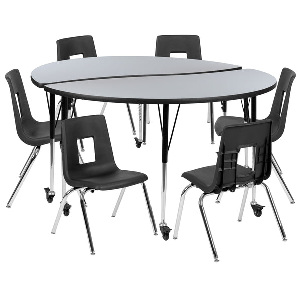Grey |#| Mobile 60inch Circle Wave Activity Table Set-16inch Student Stack Chairs, Grey/Black