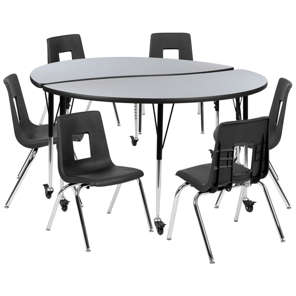 Grey |#| Mobile 60inch Circle Wave Activity Table Set-18inch Student Stack Chairs, Grey/Black