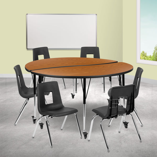 Oak |#| Mobile 60inch Circle Wave Activity Table Set-18inch Student Stack Chairs, Oak/Black