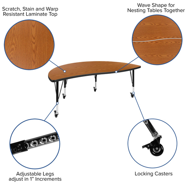 Oak |#| Mobile 60inch Half Circle Wave Collaborative Oak Kids Adjustable Activity Table