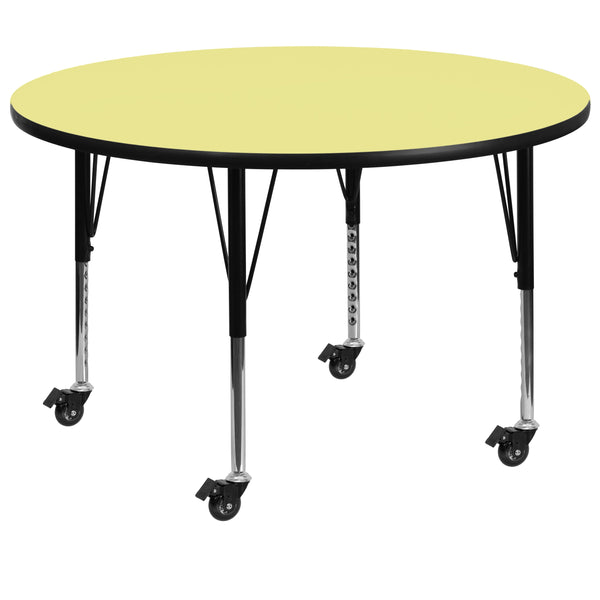 Yellow |#| Mobile 60inch Round Yellow Thermal Laminate Adjustable Activity Table