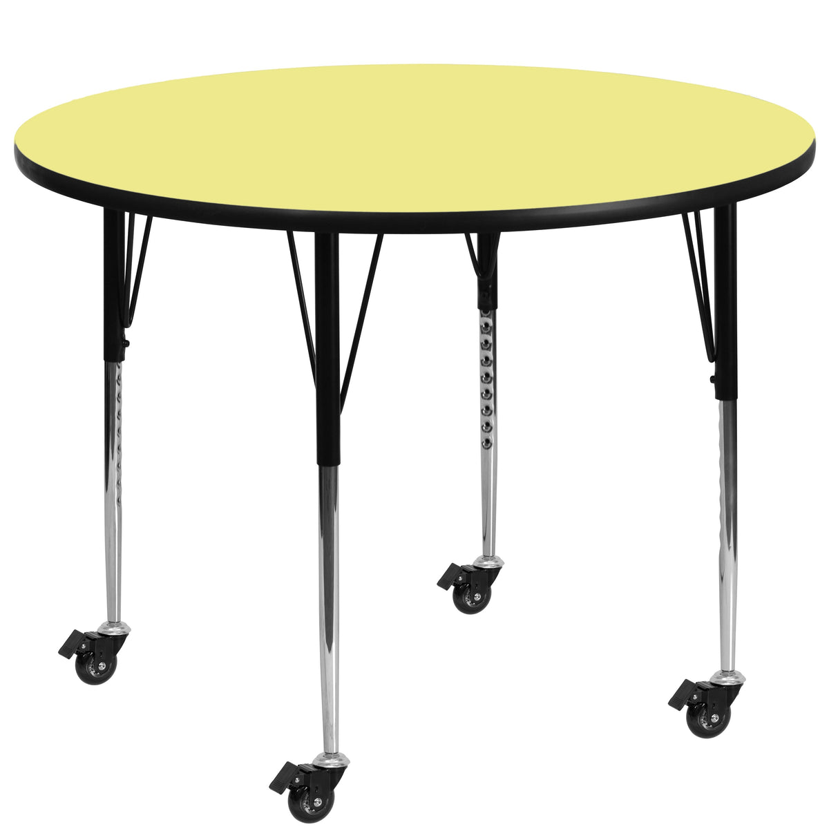 Yellow |#| Mobile 60inch Round Yellow Thermal Laminate Activity Table - Height Adjustable Legs