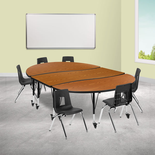 Oak |#| Mobile 86inch Oval Wave Activity Table Set-14inch Student Stack Chairs, Oak/Black