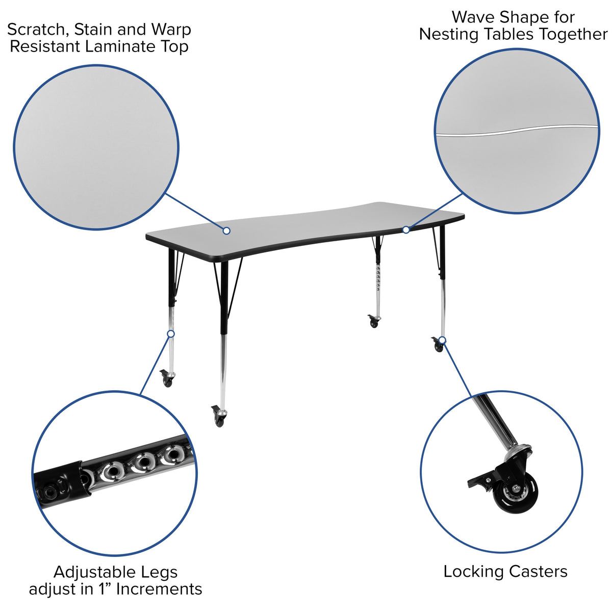 Grey |#| Mobile 86inch Oval Wave Activity Table Set-16inch Student Stack Chairs, Grey/Black