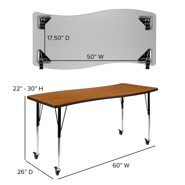 Oak |#| Mobile 86inch Oval Wave Activity Table Set-16inch Student Stack Chairs, Oak/Black