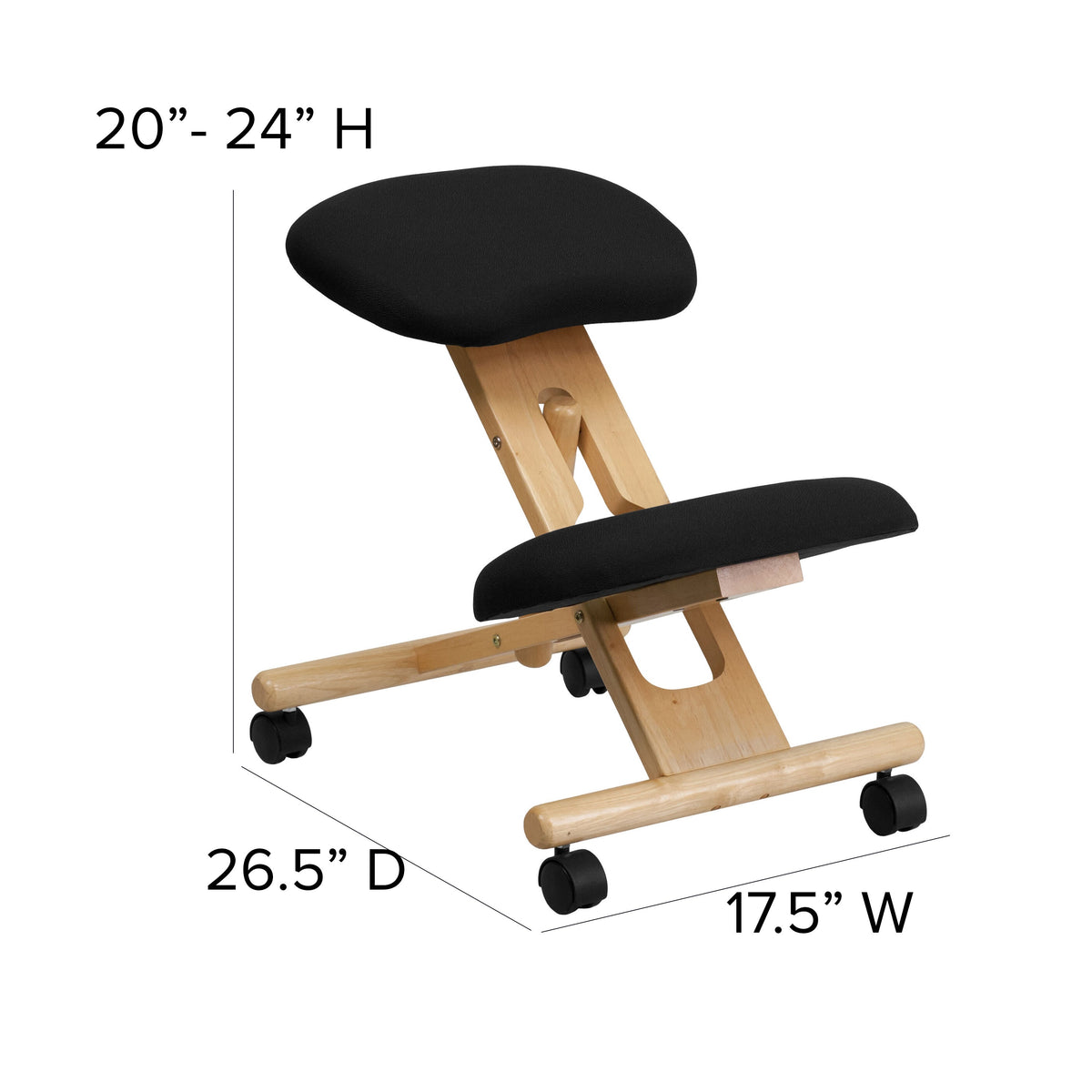 Mobile Wooden Ergonomic Kneeling Office Chair in Black Fabric