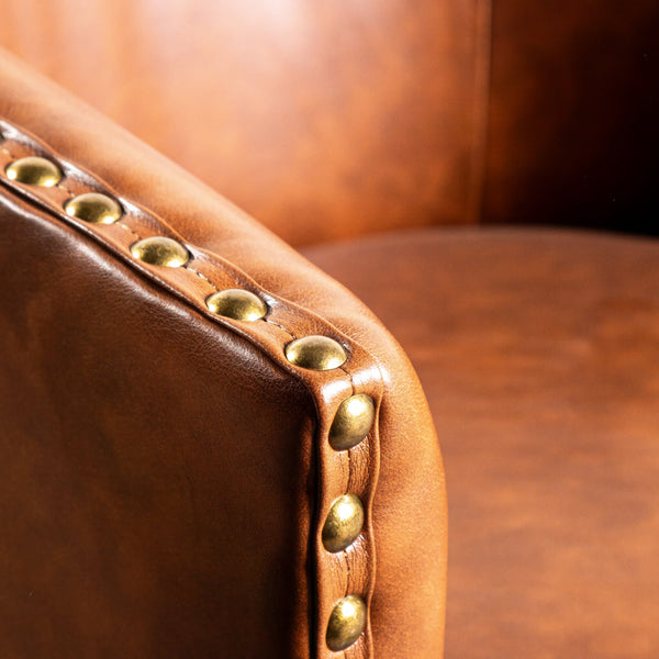 Brown |#| Classic Club Style Chair with 360° Swivel Base and Nail Trim - Brown LeatherSoft