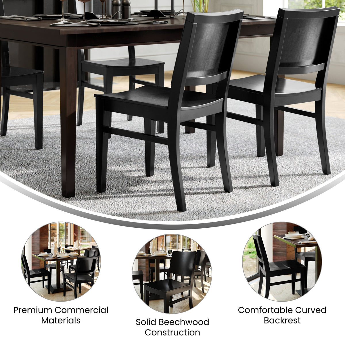 Black |#| Commercial Solid Wood Dining Chair with Curved Backrest in Black