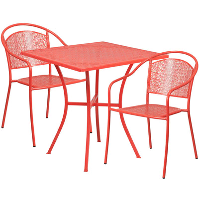Oia Commercial Grade 28" Square Indoor-Outdoor Steel Patio Table Set with 2 Round Back Chairs - View 1