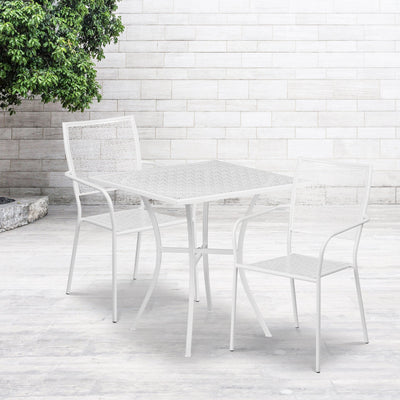 Oia Commercial Grade 28" Square Indoor-Outdoor Steel Patio Table Set with 2 Square Back Chairs - View 2