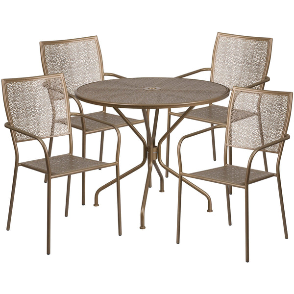 Gold |#| 35.25inch Round Gold Indoor-Outdoor Steel Patio Table Set w/ 4 Square Back Chairs