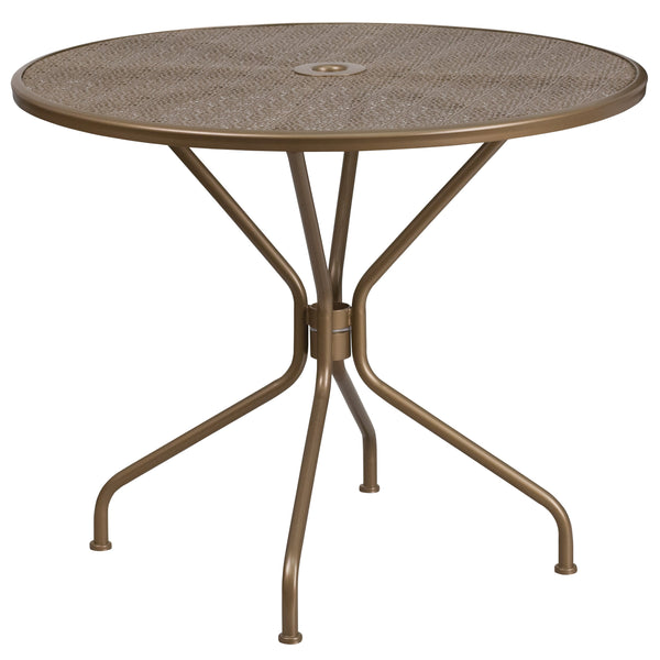 Gold |#| 35.25inch Round Gold Indoor-Outdoor Steel Patio Table Set w/ 4 Square Back Chairs