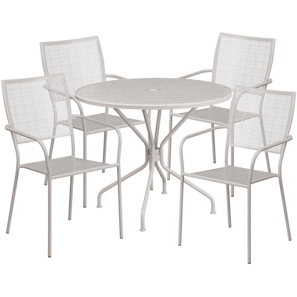 Light Gray |#| 35.25inch Round Lt Gray Indoor-Outdoor Steel Patio Table Set w/4 Square Back Chairs