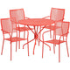 Coral |#| 35.25inch Round Coral Indoor-Outdoor Steel Patio Table Set w/ 4 Square Back Chairs