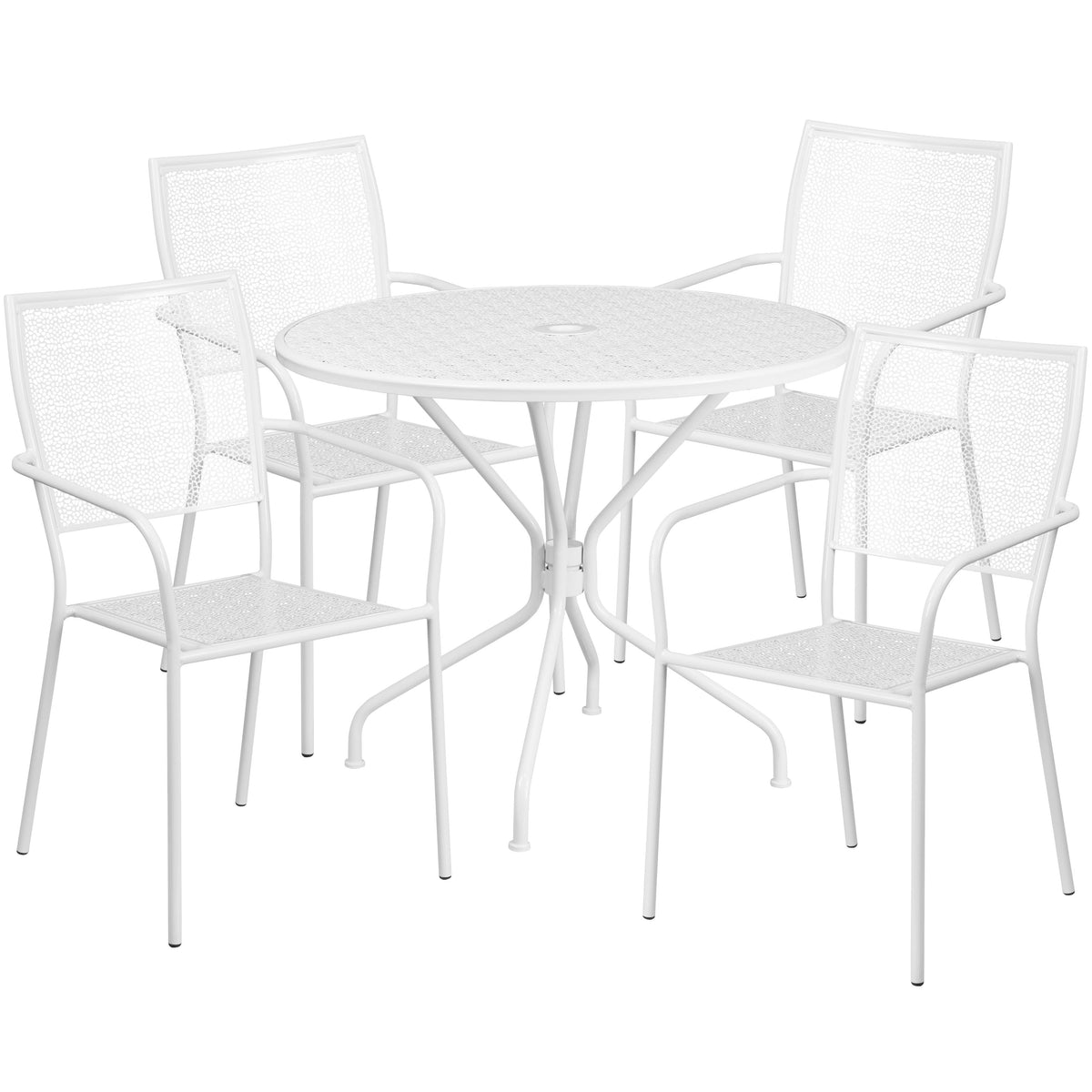 White |#| 35.25inch Round White Indoor-Outdoor Steel Patio Table Set w/ 4 Square Back Chairs