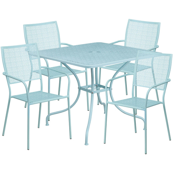 Sky Blue |#| 35.5inch SQ Sky Blue Indoor-Outdoor Steel Patio Table Set w/ 4 Square Back Chairs