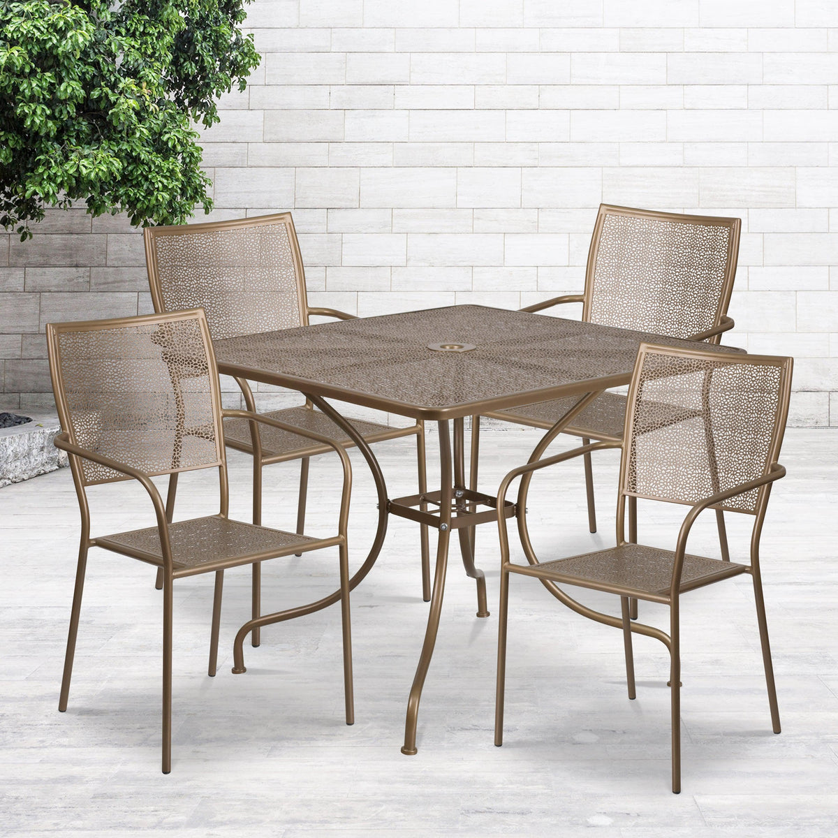 Gold |#| 35.5inch Square Gold Indoor-Outdoor Steel Patio Table Set w/ 4 Square Back Chairs